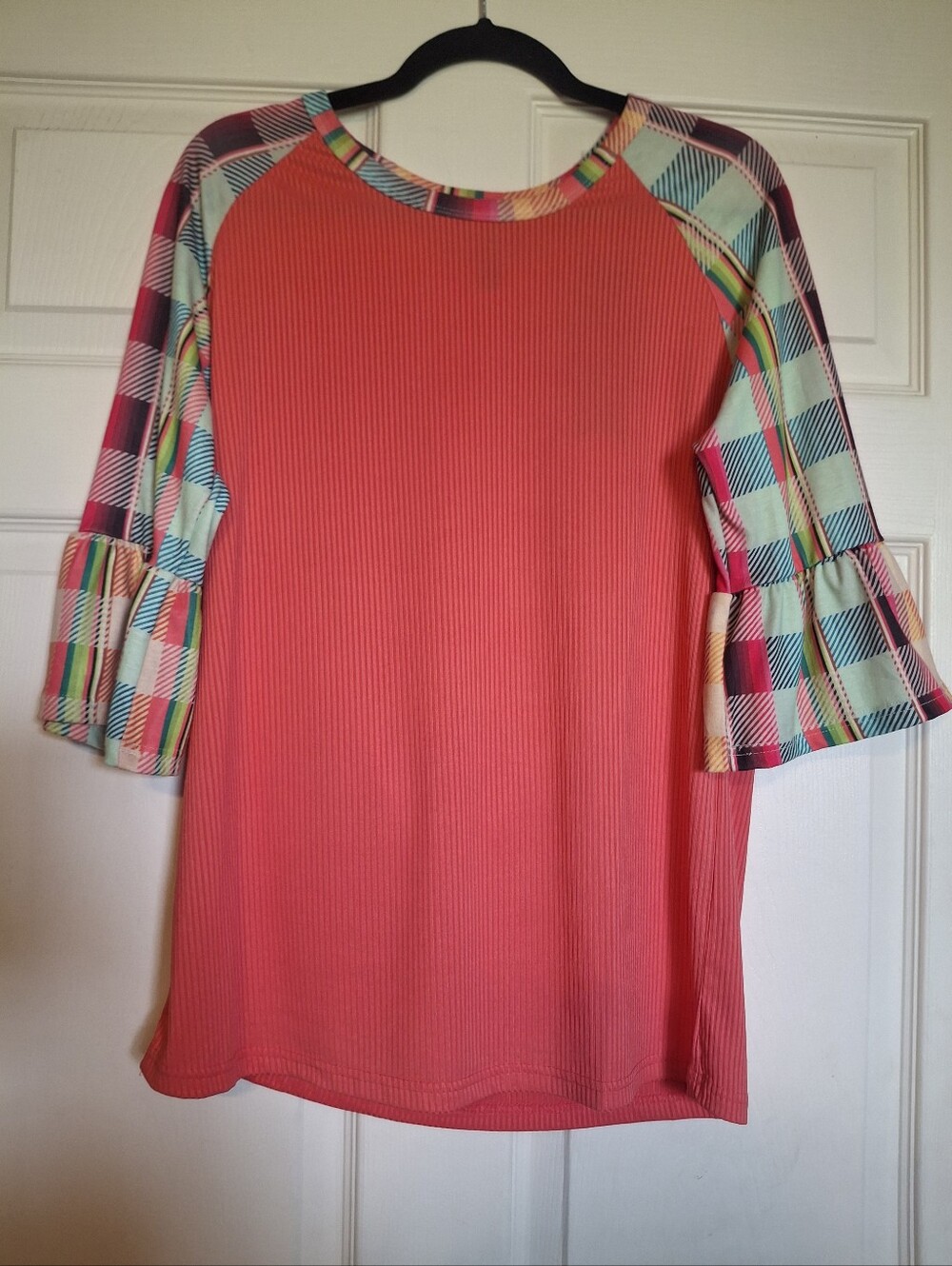 CRAZY TRAIN Coral Ribbed Top with Plaid Ruffle Sleeves